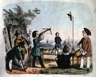 Barn som skjuter ett mål med en arkebuse, ca 1860 (färggravyr)