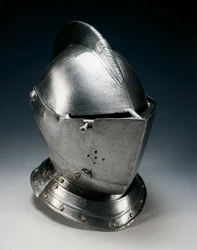 Stäng hjälm för fältet, c.1550-70 (stål, järn, läder & mässing)