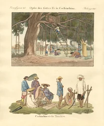 Cochin kinesiska användningsområden och klänningar (färgad gravyr)