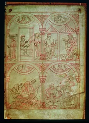 Codex 507 fol.2r Väver, skomakare, fiskare och jägare, från Renner Musterbuch, c.1208-18
