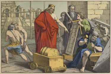Konstruktion av Jerusalems tempel, illustration från LAncien Testament, utgiven av Jakob Ferdinand Schreiber, Esslingen (färggravyr)