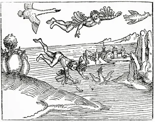 Daedalus, som flyr från Kreta med sin son, Ikaros, ser honom falla till sin död, 1493 (träsnitt)