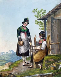 Mejerister i Alperna nära Tegernsee, tidigt 1800-tal (färgstick)