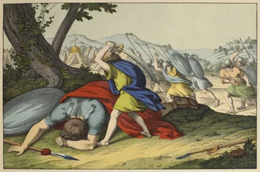 David och Goliat, illustration från Lancien Testamentet, utgiven av Jakob Ferdinand Schreiber, Esslingen (färgstick)