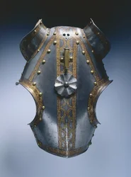 Demi-chanfron, Augsburg, ca 1550 (etsat och förgyllt stål med läder)