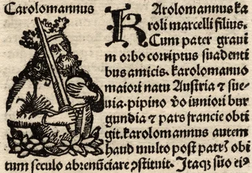 Detalj från ett original incunabelt blad, föreställande Karl den Store (742-814) före 1500 (se även 237071)