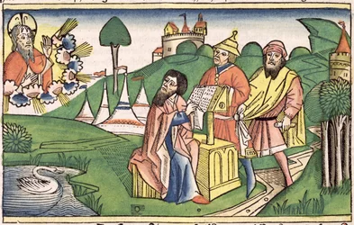 Femte Mosebok: Frontispice där Gud skapar lagarna, från Nürnbergbibeln (Biblia Sacra Germanaica) (färgat träsnitt)