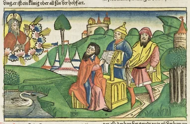 Femte Mosebok: Frontispice där Gud skapar lagarna, från Nürnbergbibeln (Biblia Sacra Germanaica) (färgat träsnitt)