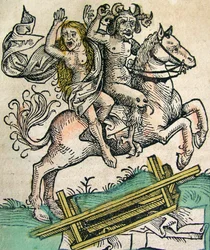 Djävulen och en kvinna till häst, publicerad i Nürnbergkrönikan, 1493