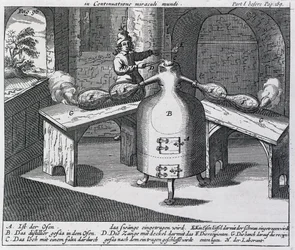 Destillering av salpetersyra (Aqua fortis eller avskiljande syra) i en järnman med två näsor