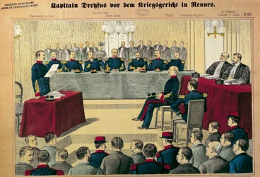 Fallet Dreyfus: rättegången vid revision av kapten Dreyfus (1859-1923) Illustration från tysk press