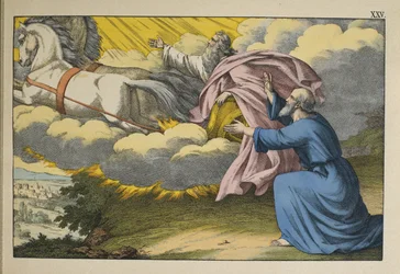 Elia stiger upp till himlen i en virvelvind och lämnar sin lärjunge Elisha för att fortsätta sitt arbete, illustration från LAncien Testament, utgiven av Jakob Ferdinand Schreiber, Esslingen (färgstick)