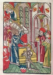 Kejsar Sigismund (1367-1437) av Luxemburg dubbar en riddare (träsnitt i färg)