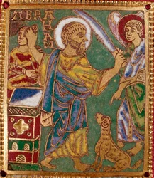 Emaljplatta föreställande profeten Abraham och offrandet av Isak. Rhensk skola. 1100-talet. Florens, Museo Nazionale del Bargello