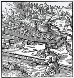Gravyr från De re metallica (Om metallers natur), av Georg Pawer eller Georgius Agricola (1494-1555)