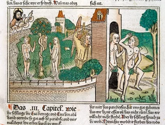 Gravyr föreställande Adam och Eva i paradiset, scen i Bibeln ... (gravyr)