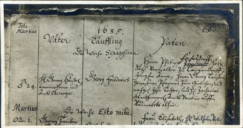 Händels dop från Marktkirches kyrkobok, Halle, Tyskland, 1685