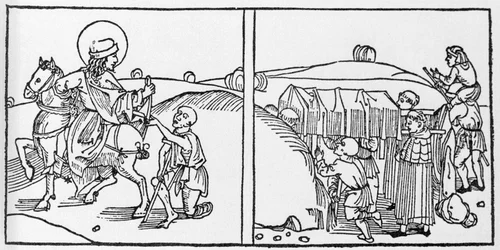 Avsnitt av St Martins liv. Gravyr från "Leben der Heiligen - sommerteil" (Helgonets bok) av Jacobus (James) av Voragine (1228-1298). Lübeck 1488.