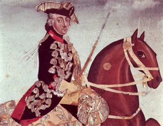 Ridsporträtt av kung Fredrik den Store av Preussen (1712-86) (wc och guldtråd på papper)