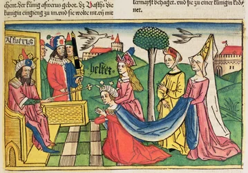 Esther 2 15-18, Ester är vald till drottning av den persiske kungen Ahasveros, från Nürnbergbibeln (Biblia Sacra Germanaica) (färgat träsnitt)