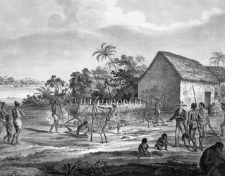 Europeisk byteshandel vid flodhamnen i Miranhas-stammen, Amiro Japara, illustration från Atlas of a Journey in Brasil