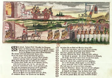 Avrättning av Joseph Süss Oppenheimer 1738 (färgat träsnitt)