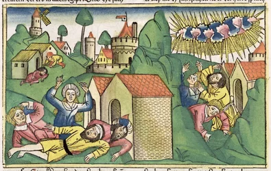 2 Mosebok 11 1-10 Egyptens sju plågor: de äldsta sönernas död, från Nürnbergbibeln (Biblia Sacra Germanaica) (färgat träsnitt)