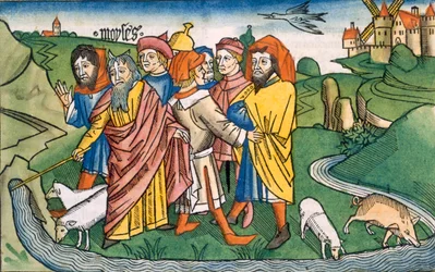 2 Mosebok 17 1-7 Moses får vattnet att rinna från Harebs klippor, från Nürnbergbibeln (Biblia Sacra Germanaica) (färgat träsnitt)