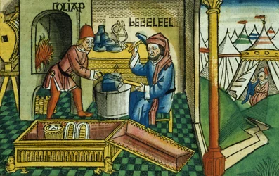 2 Mosebok 31 2-8 Bezalel och Oholiab gör förbundsarken, från Nürnbergbibeln (Biblia Sacra Germanaica) (färgat träsnitt)
