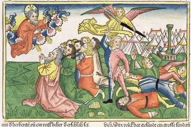 2 Mosebok 32 15-23 Mose bryter stentavlorna, från Nürnbergbibeln (Biblia Sacra Germanaica) (färgat träsnitt)