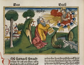 2 Mosebok 34 1-10 Moses tar emot de andra tavlorna med de tio budorden, från Nürnbergbibeln (Biblia Sacra Germanaica) (färgat träsnitt)