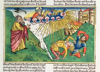 出エジプト記 9 13-35 エジプトの七つの災い: モーセと雹と稲妻の疫病、「ニュルンベルク聖書 (Biblia Sacra Germanaica)」から (着色された木版画)スウェーデン語