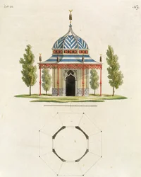 Exteriör av ett kinesiskt trädgårdstempel, från Recent New Ideas for the Garden, publicerad 1779 (färggravyr) (se även 170864)