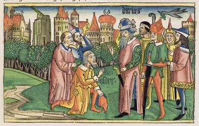 Ezra 6 16 Jerusalems tempel invigs av kung Darius, från Nürnbergbibeln (Biblia Sacra Germanaica) (färgat träsnitt)