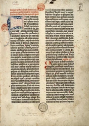 Första sidan i Gutenbergs bibel på latin (Vulgata), framställd i Mainz 1452 - 1454. Inledningen till Sankt Hieronymus brev till prästen Paulinus om alla den Heliga Skrifts böcker.