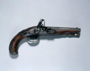 Flintlock Pistol, pipmakare Johann Andreas Kuchenreuter (1716-1795), ca 1750 (stål, valnötsstock, mässingsfästen, pipa inlagd med guld, mässing & silver)