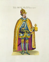Grundandet av tyska universitetet 1348 i Prag av den helige romerske kejsaren Karl IV (1316-78), vykort från början av 1900-talet