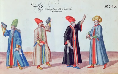 Fyra judiska läkare från Adrianople, Turkiet, ca 1600 (wc på papper)