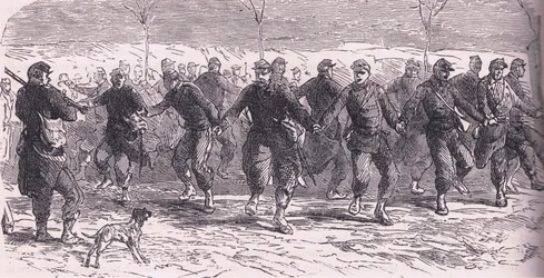 Franska soldater som dansar i lägret, Cassells historia om kriget mellan Frankrike och Tyskland publicerad av Cassell and Company Limited, ca 1890 (litho)