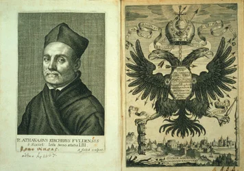 Frontispice till Magnes eller trepartsverkets magnetiska konst av Athanasius Kircher, 1643