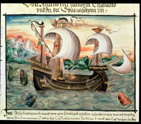 Galjon i full segel på väg till Portugal, illustrerad av familjen Color (eller Keller) i Nürnberg (vellum)