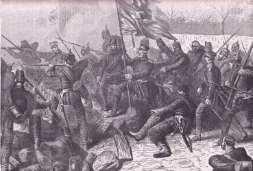 General von Budretzky ledde attacken mot Le Bourget, Cassells History of the War between France and Germany publicerad av Cassell and Company Limited, ca 1890 (litho)