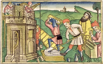 Första Mosebok 11 1-9 Bygga Babels torn, från Nürnbergbibeln (Biblia Sacra Germanaica) (färgat träsnitt)