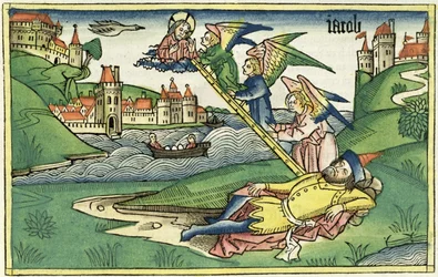 Genesis 28 10 Jacobs Ladder, från Nürnbergbibeln (Biblia Sacra Germanaica) (färgat träsnitt)