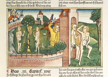 Första Mosebok 3 1-24 Frestelsen och utdrivningen från paradiset, från Nürnbergbibeln (Biblia Sacra Germanaica) (färgat träsnitt)
