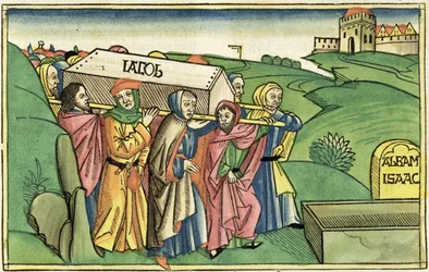 1 Mosebok 49:28-33 Jakobs begravning, från Nürnbergbibeln (Biblia Sacra Germanaica) (färgat träsnitt)