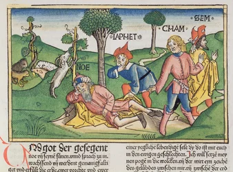 Första Moseboken 9, 20-27: Noa täcks med en mantel av sina söner Sem, Ham och Jafet, ur Nürnbergbibeln (Biblia Sacra Germanaica), färgat träsnitt