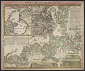 Geografisk presentation av den eländiga vattenöversvämningen i Nedre Tyskland, som ägde rum den 25 december 1717, ca 1718 (tryck)