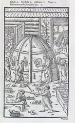 Glasbruk, illustration som visar marmorugnen och glasblåsare (träsnitt)