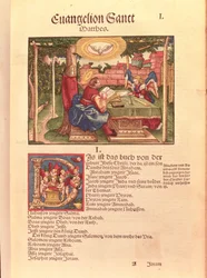 Matteusevangeliet, bok I, från Lutherbibeln, ca 1530 (färgat träsnitt)